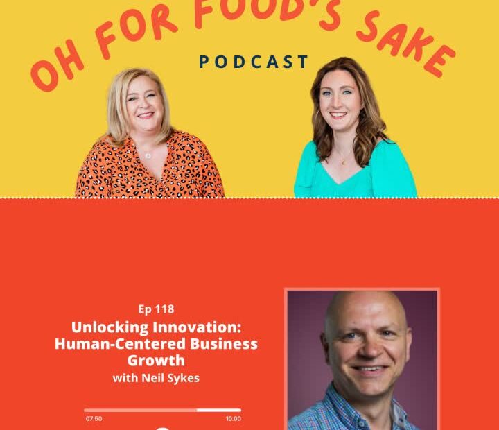This is a screen grab of the "oh for food's sake" podcast, featuring Amy Wilkinson, Lucy Wager and Neil Sykes on a brightly coloured background.