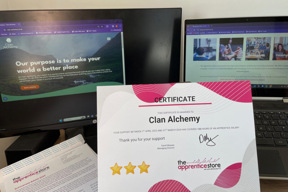 A certificate thanking Clan Alchemy, with the Clan Alchemy website visible in the background.