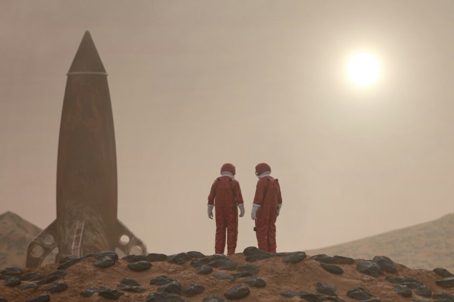 Two astronauts have achived there mission, standing near a rocket on a rocky surface under a sun.